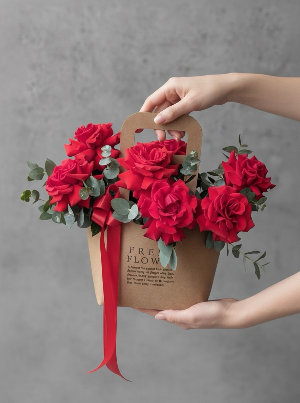 Kraft Çantada Kırmızı Gül Ve Okaliptüs Aranjmanı