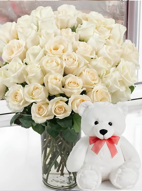 40 Tane Beyaz Gül ve Ayıcık